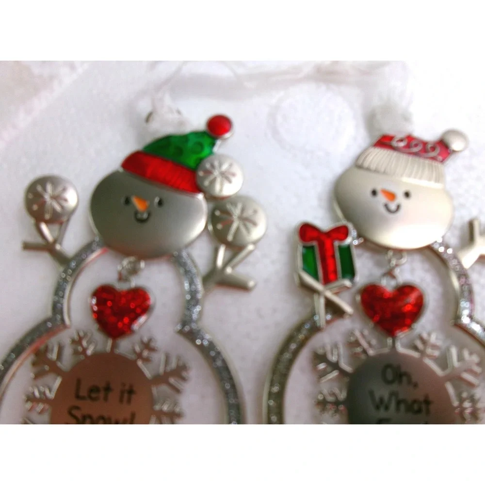 Ganz Metal Snowman Ornaments Set of 2 Let It Snow Oh What Fun Silver Snowflake‎